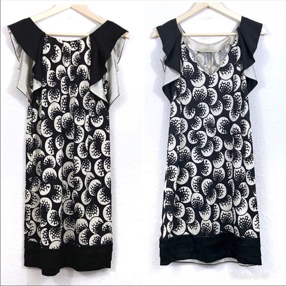 DVF Silk Print Jersey Dress Flutter Sleeve Shift‎ Sheath Black Ivory Size 6 New - Picture 3 of 9